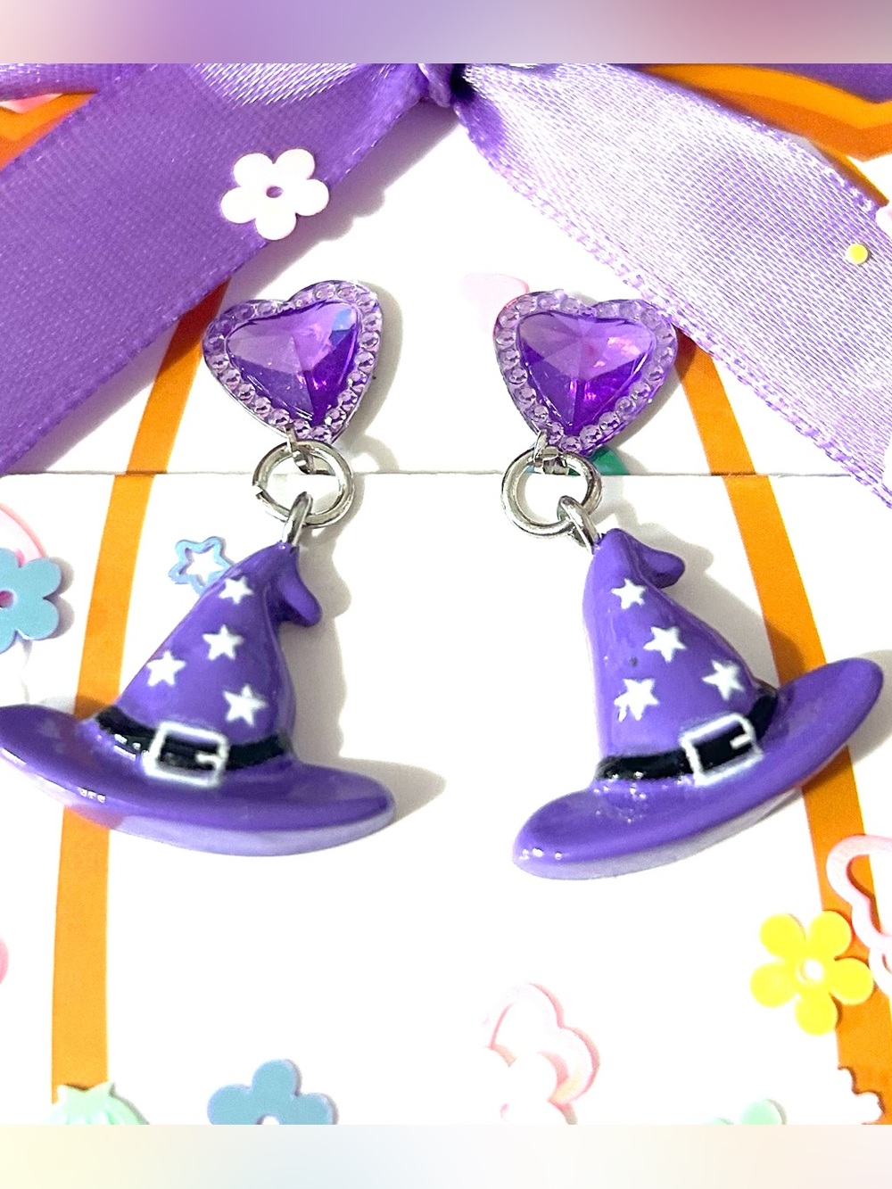 Purple Halloween Witch Hat Clip On Earrings